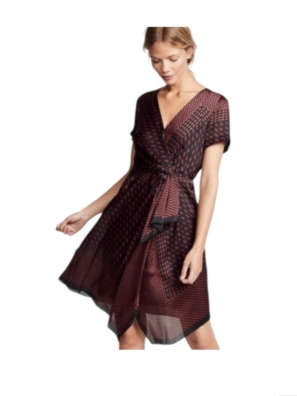 Club Monaco Red and Black Patterned Midi Dress